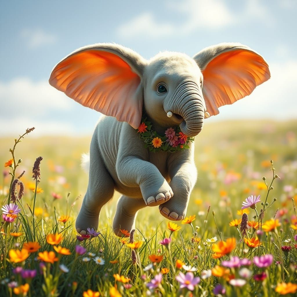 Majestic Half-Elephant, Half-Bunny in Vibrant Floral Meadow
