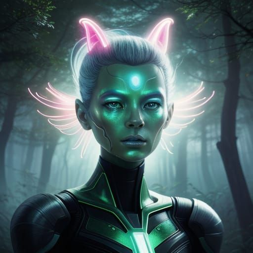 Alien in Neon Forest: Sci-Fi Digital Art