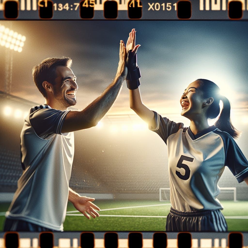 Footballers' Cheerful High Five in Cinematic Style