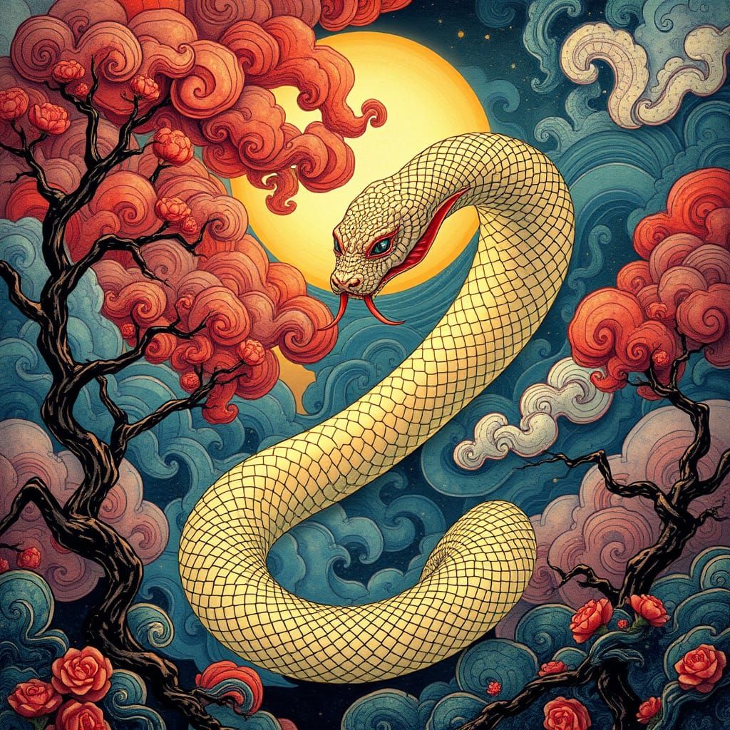 Ancient Chinese Snake Amidst Art Nouveau Whirlwinds