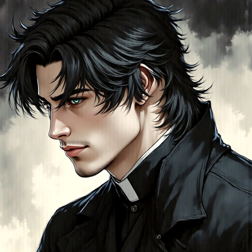 Anime Style Portrait of an Older Priest with Green Eyes