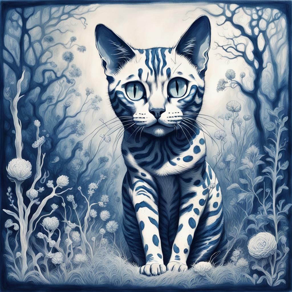 Ethereal Cyanotype Landscape with Bengal Cat