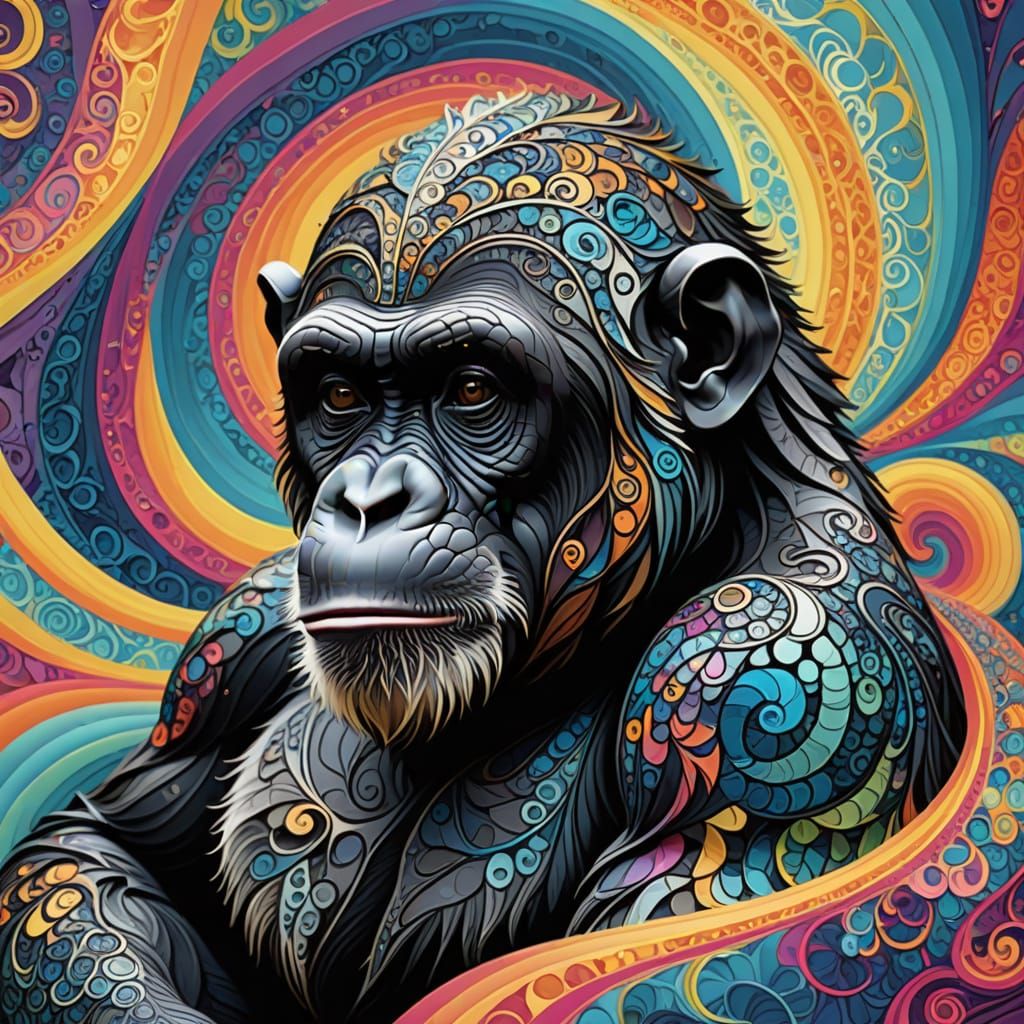 Psychedelic Chimpanzee Meditating in Abstract Aura