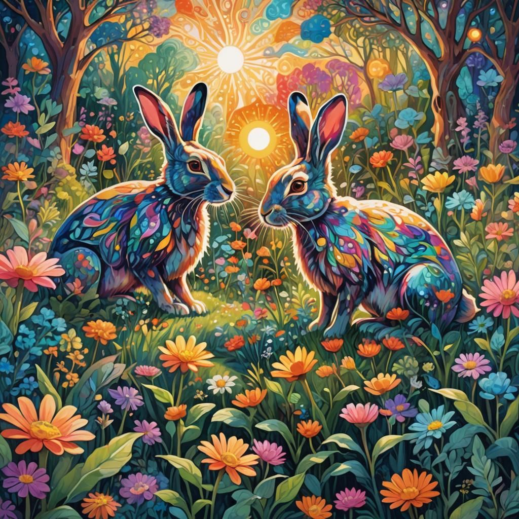 Rabbit and Hare in Sun Garden: Surreal Illustration