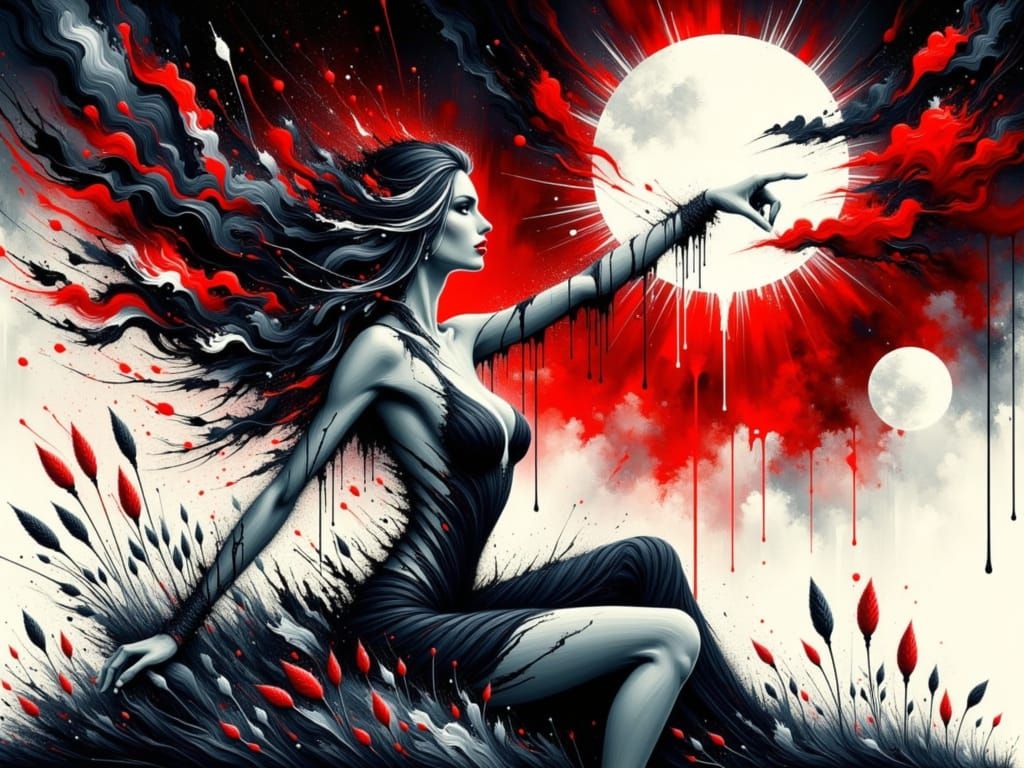 Norse Goddess Points to Moon in Ink-Drip Style