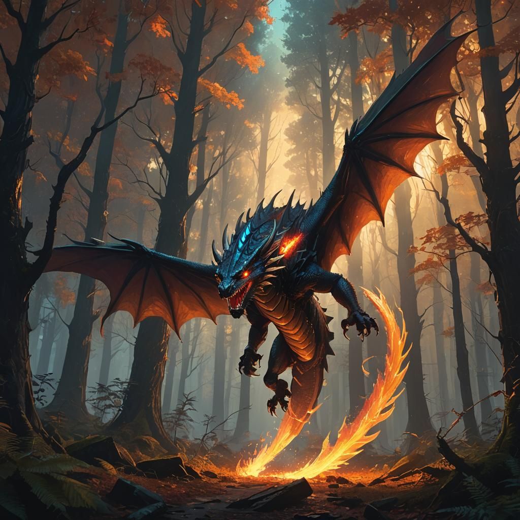 Fiery Dragon Wing in Mystical Forest, Fantasy Art