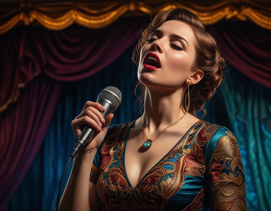 Vocalist on Stage in Vibrant Oil Painting Style