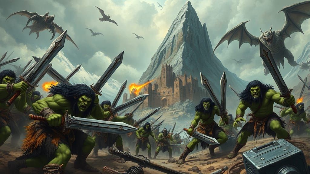 Orc Warriors Besiege Fortress in Gritty Fantasy Style