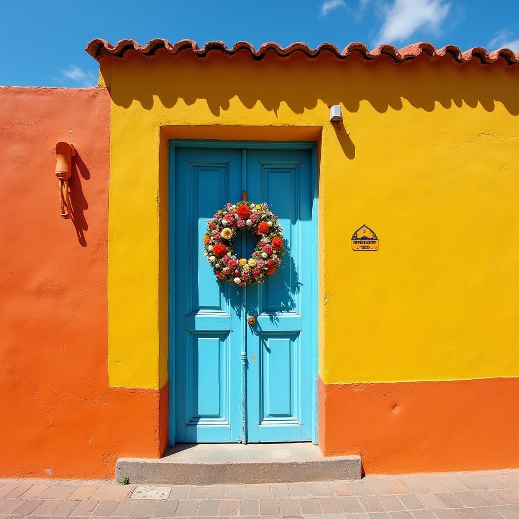 Mexican Door with Floral Wreath, Folk Art Style