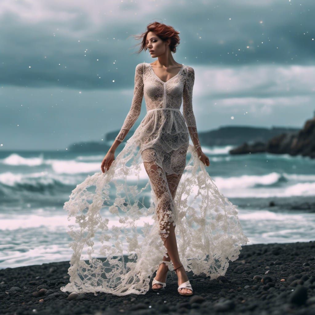 Woman in Lacy Dress on Black Beach