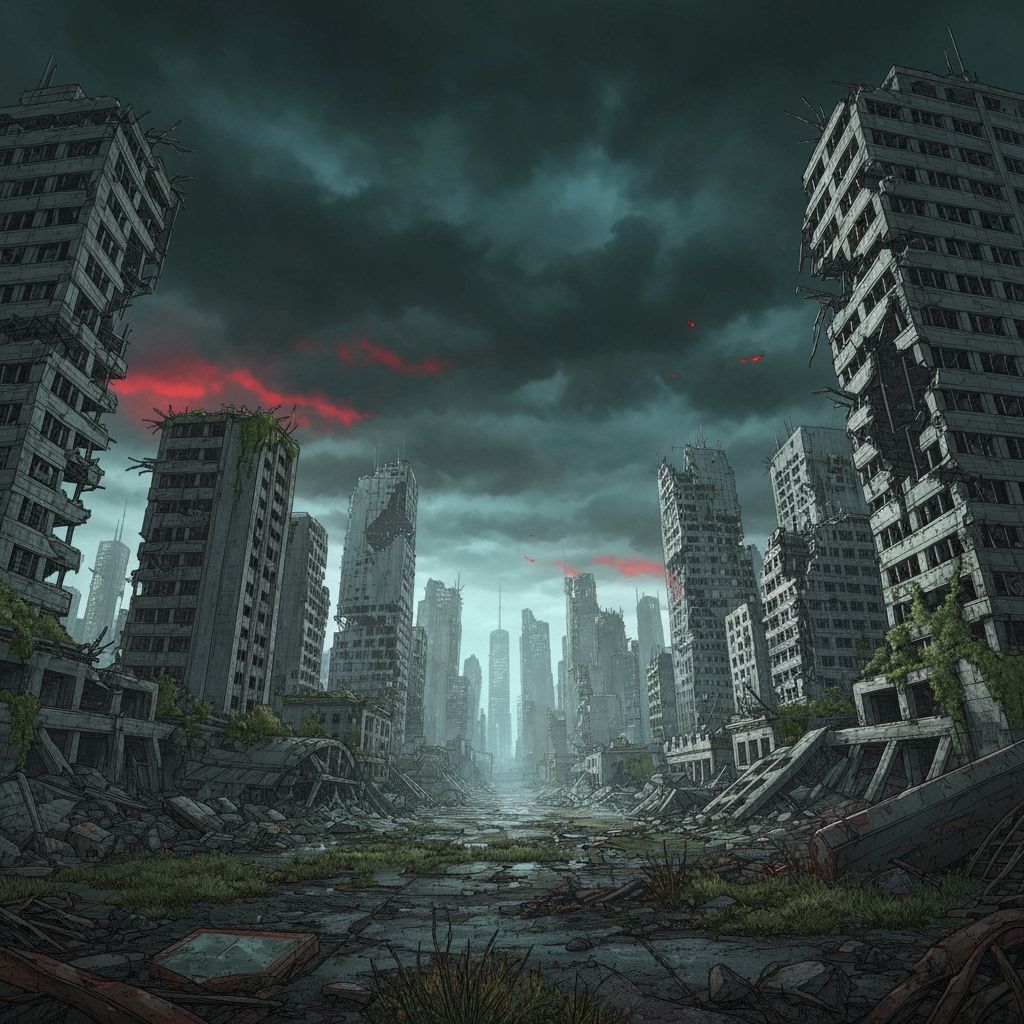 Dystopian Cityscape in Ruins under Stormy Sky