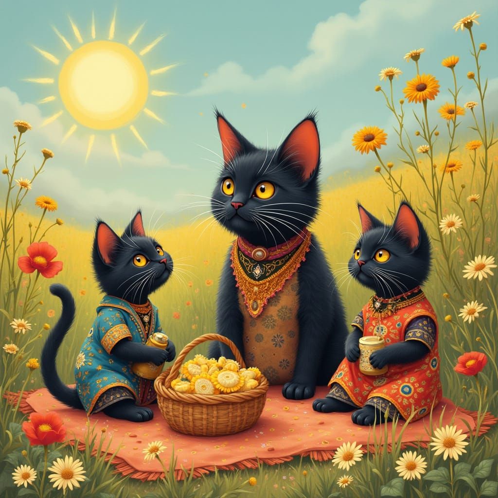 Bohemian Cats' Picnic: A Blend of Art Styles