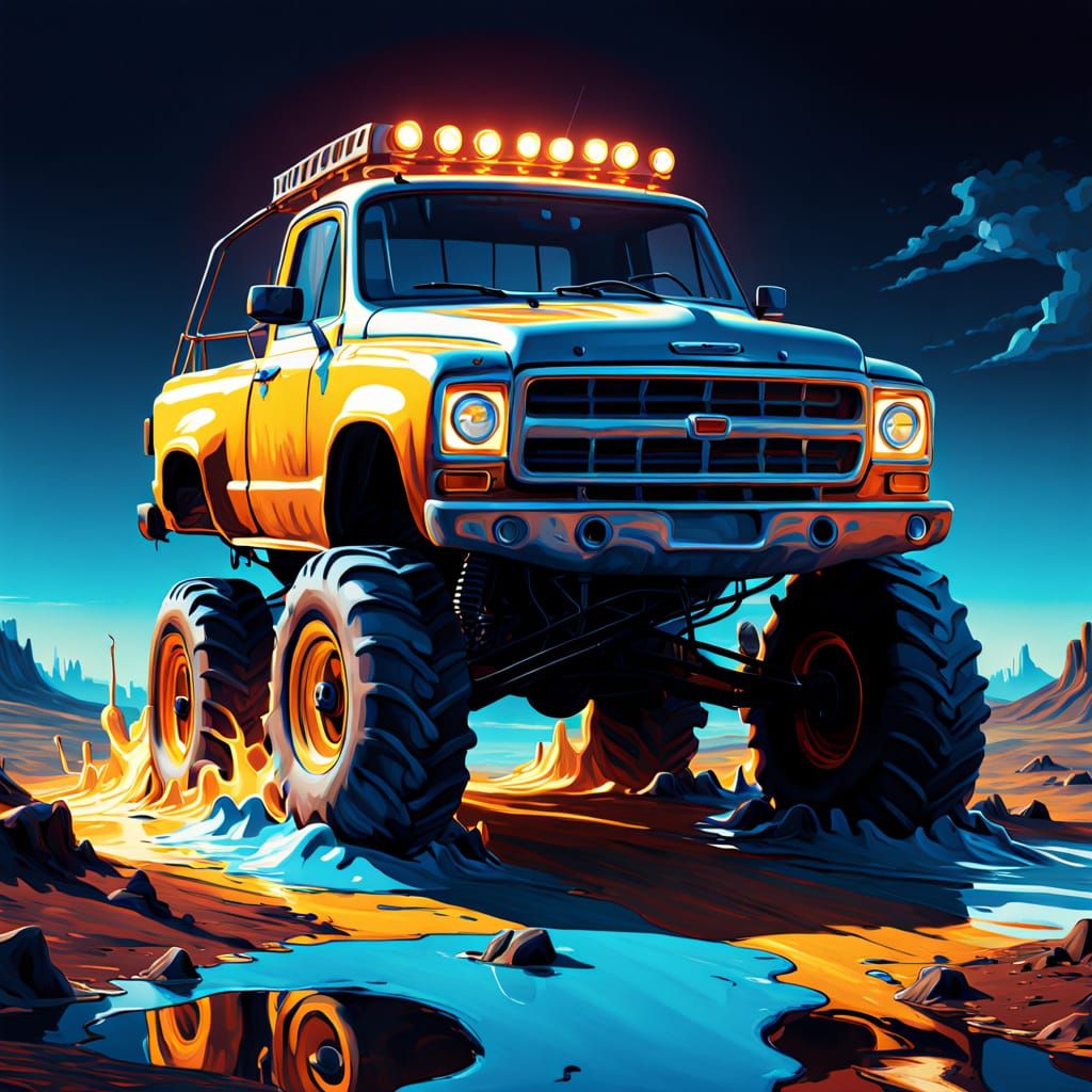 Glowing Monster Truck in Dreamlike Oil Painting