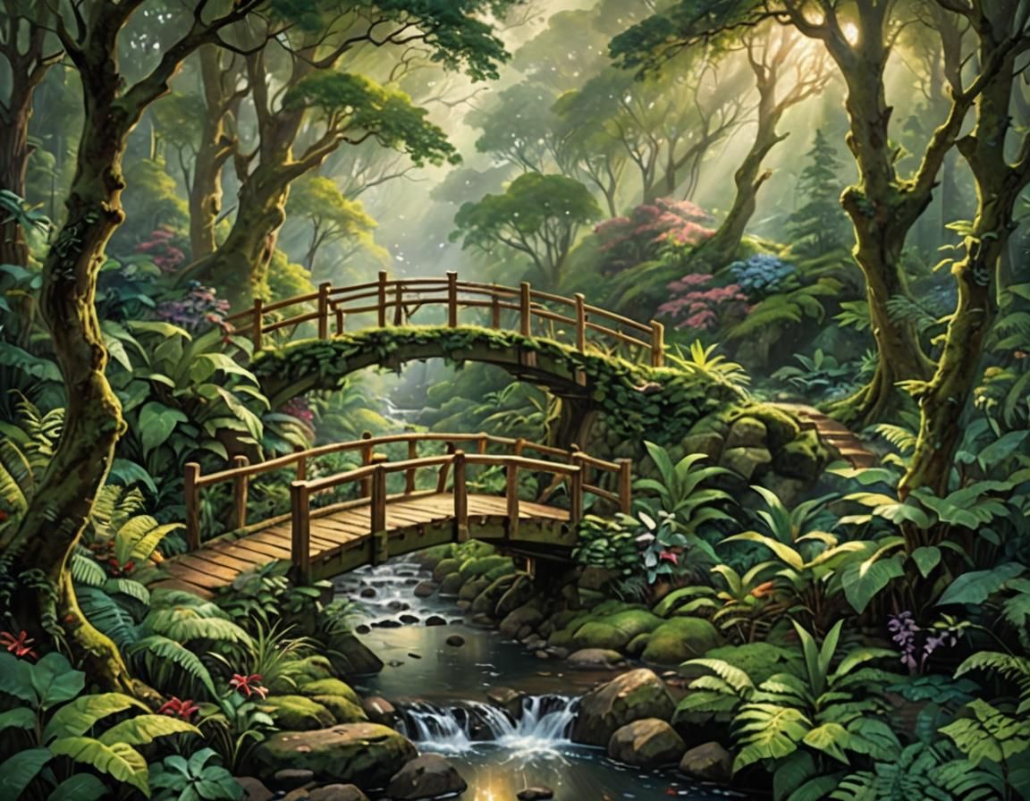Sunlit Rainforest with Stream in Ethereal Style