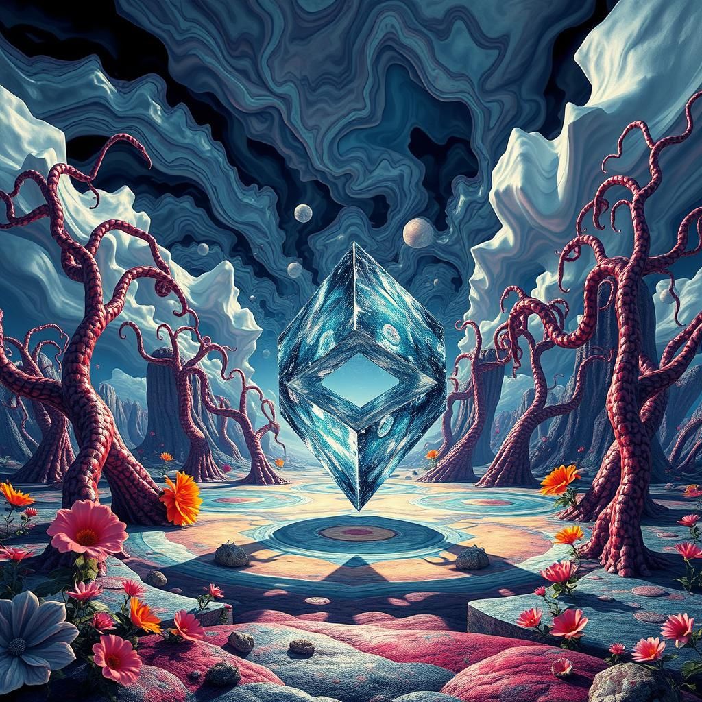 Surreal Landscape with Metallic Sky and Shadowy Prism