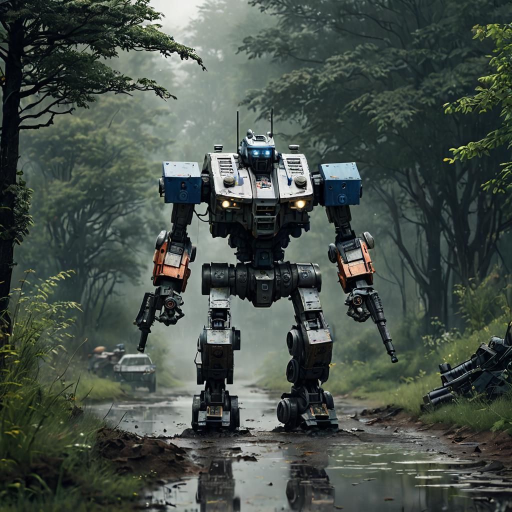 Mechanical Police Robot in Apocalyptic Landscape