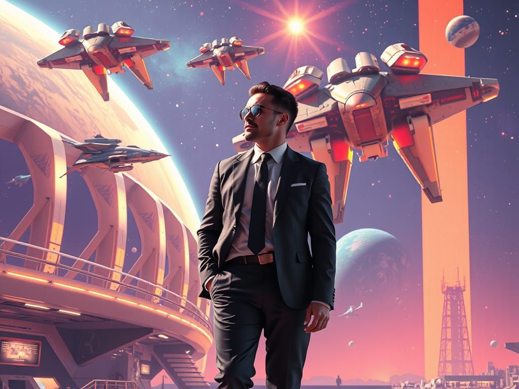 Futuristic Space Agent with Starships Above in Hyper-Realist...