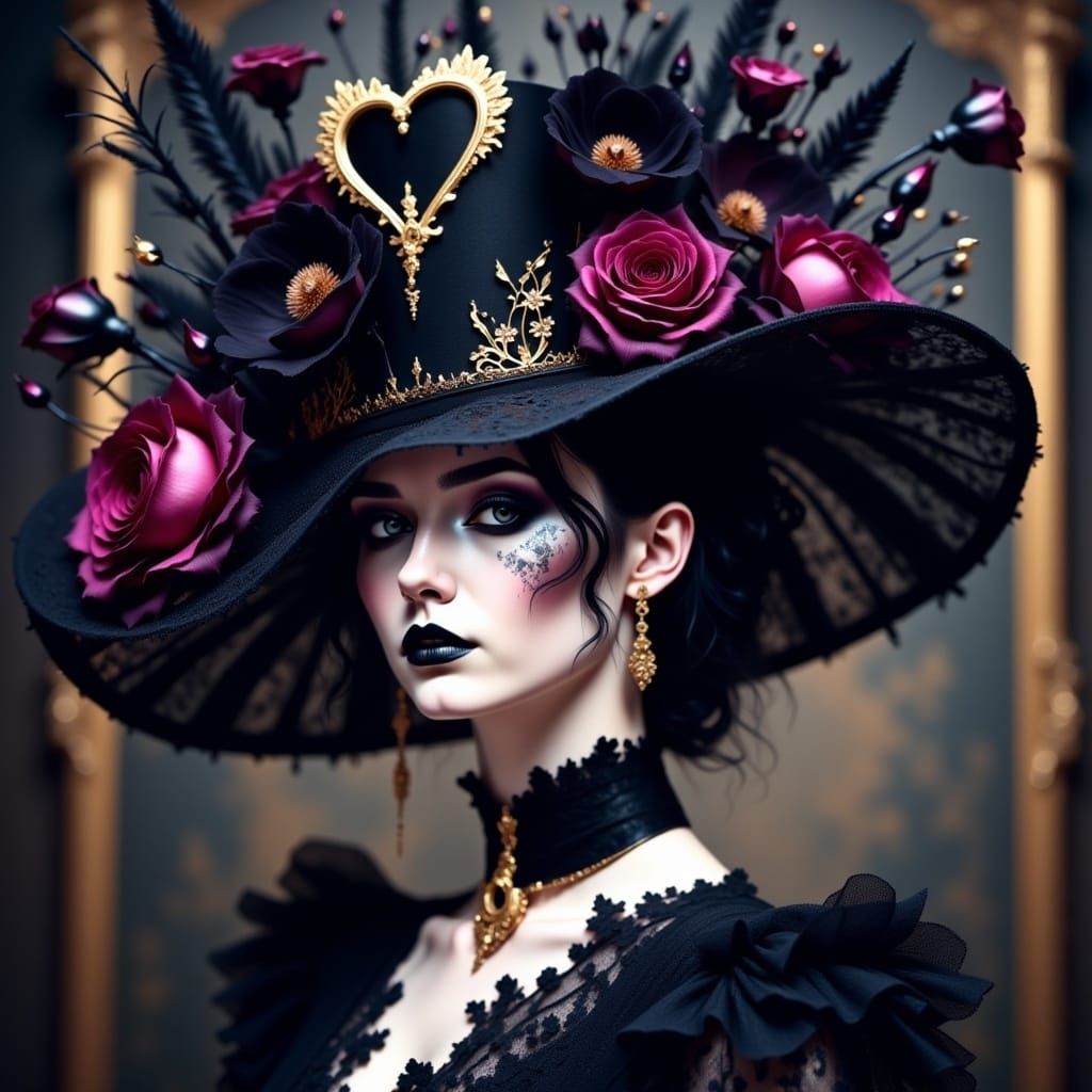 Gothic Haute Couture Hat with Flowers in Dark Fantasy Style