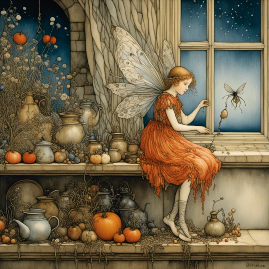 Fairy on a Windowsill as Macro Oil Painting