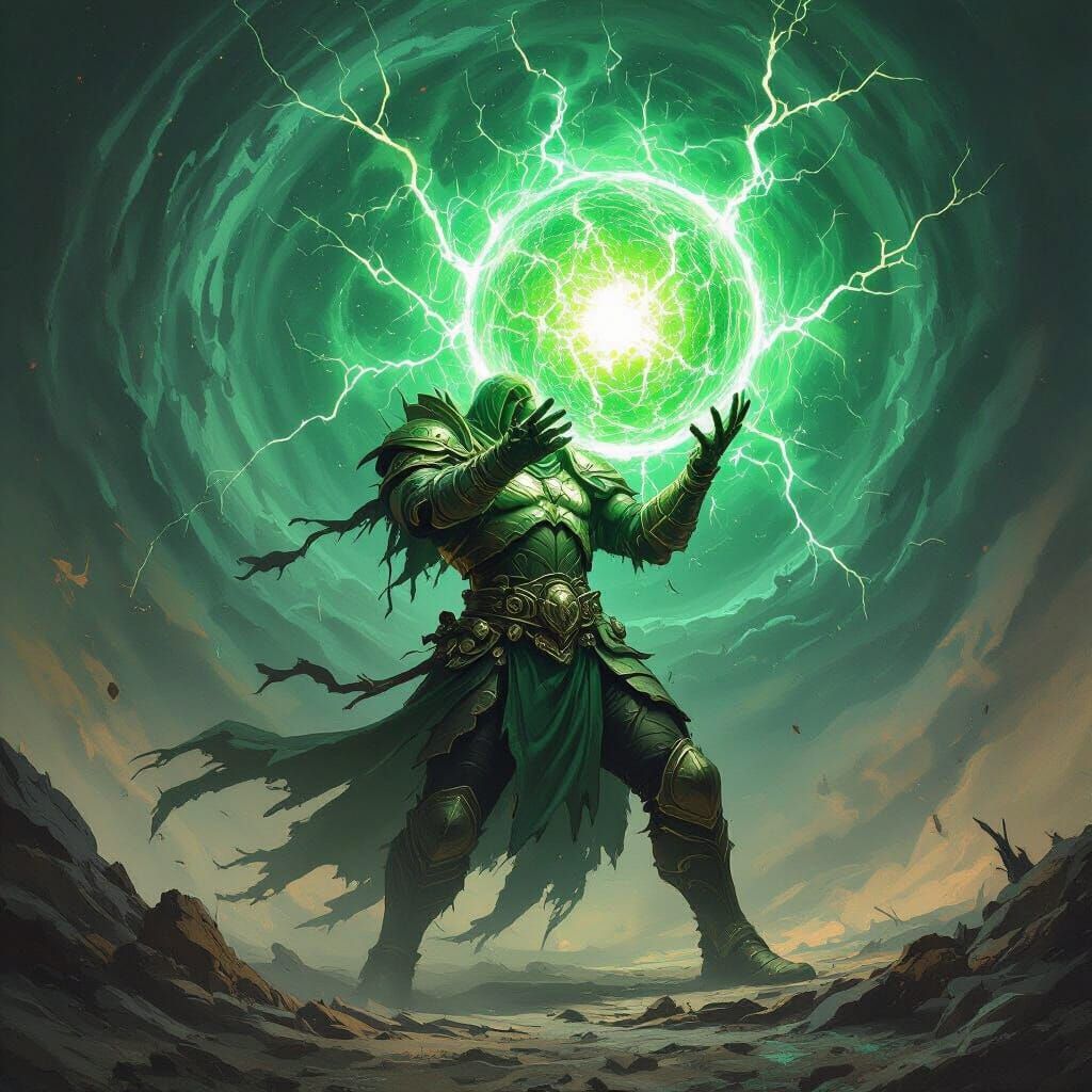 Hero Wielding Green Chaotic Energy in Dark Fantasy Style
