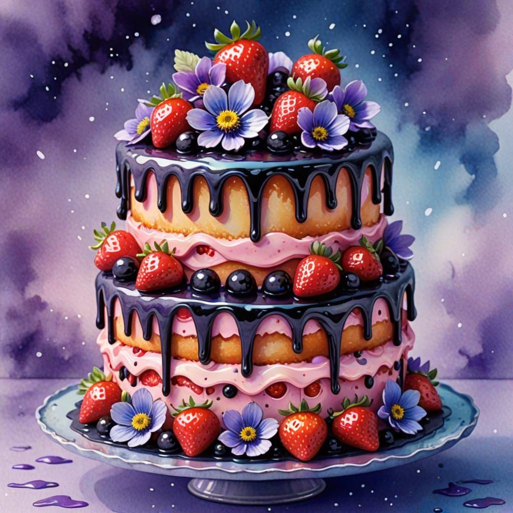 Floating Strawberry Cake with Liquorice Glaze in Watercolor ...