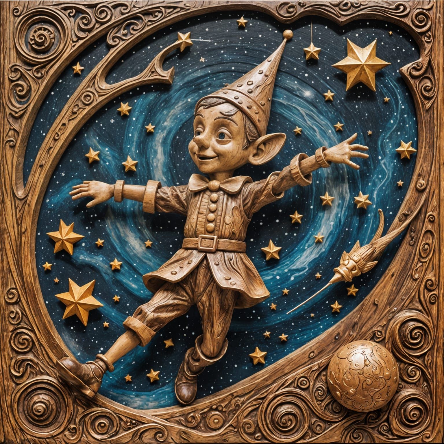 Celestial Pinocchio Floats Through Space as Wood Carving