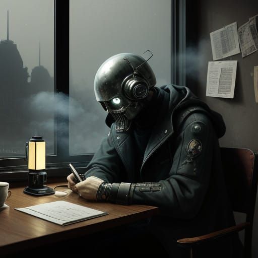 Android Artist in Futuristic Cafe