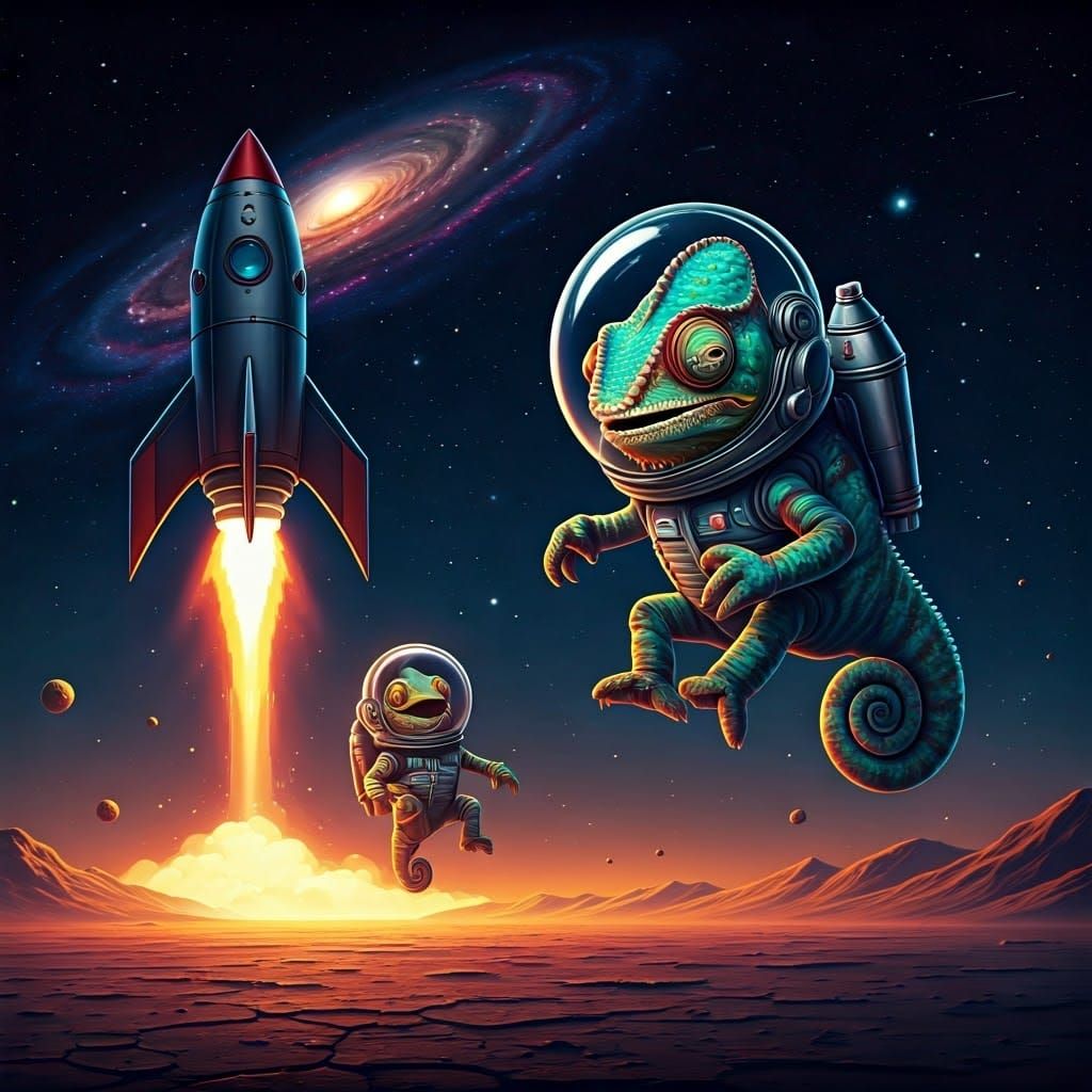 Astronaut Chameleons in Retro-Futuristic Galaxy