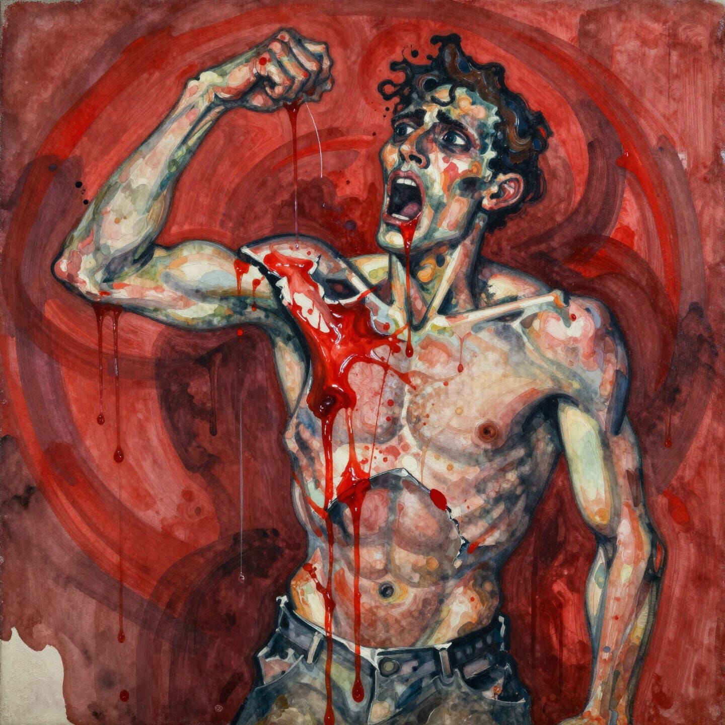Expressionist Figure Painting of Fear in Crimson and Waterco...
