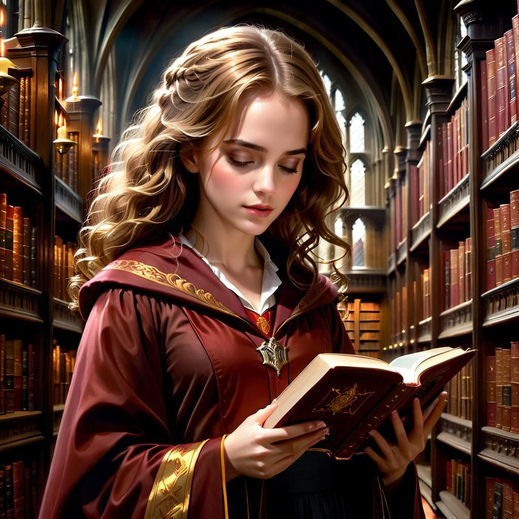 Hermione Granger with a Book in the Hogwarts Library