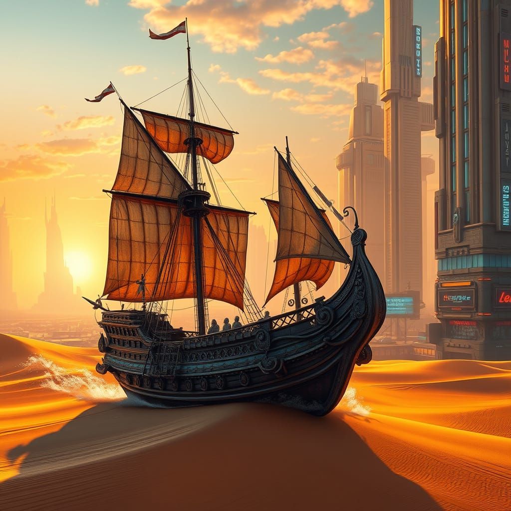 Corsair Ship Sails Desert Near Cyberpunk City