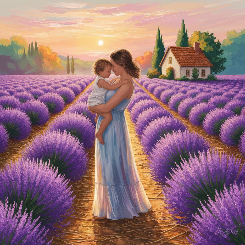 Mother and Child Embrace in Lavender Sunrise Impressionist S...