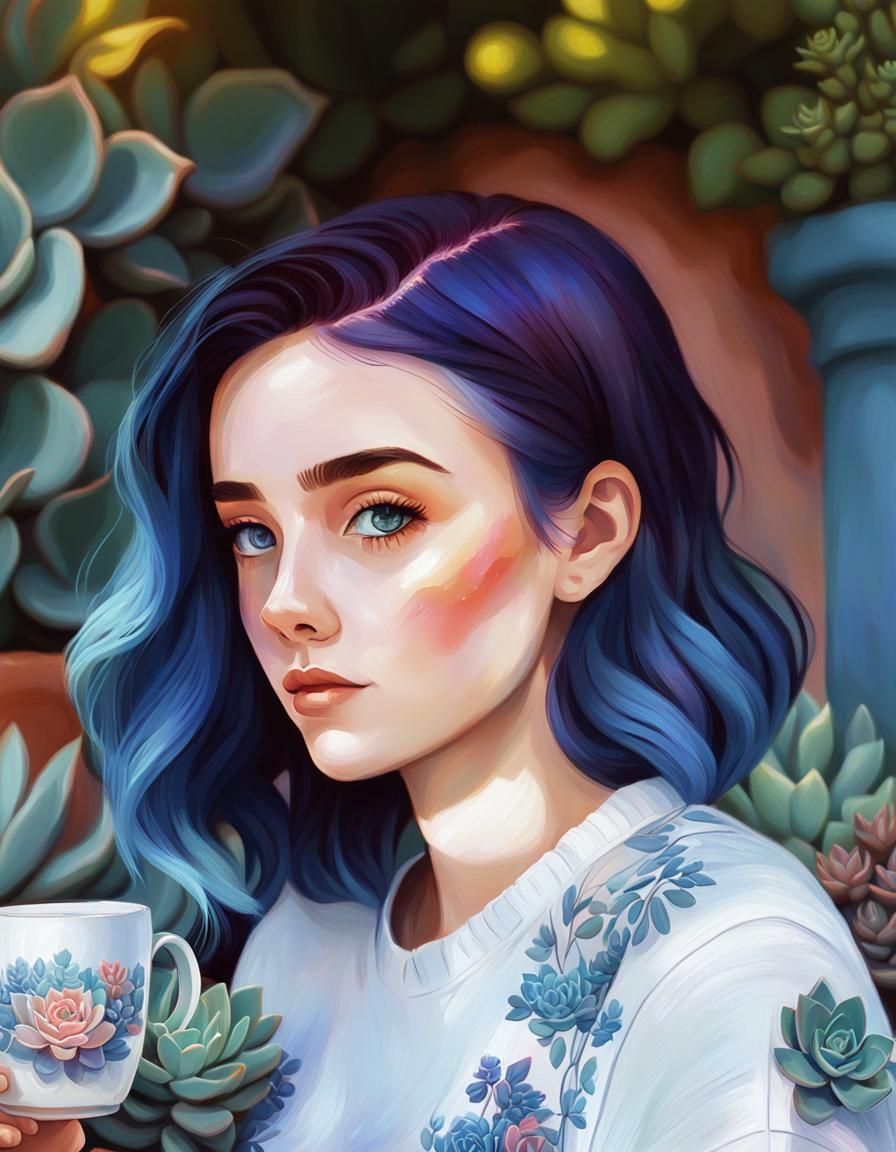 Blue-Haired Girl in Succulent Garden: Impressionist Digital ...