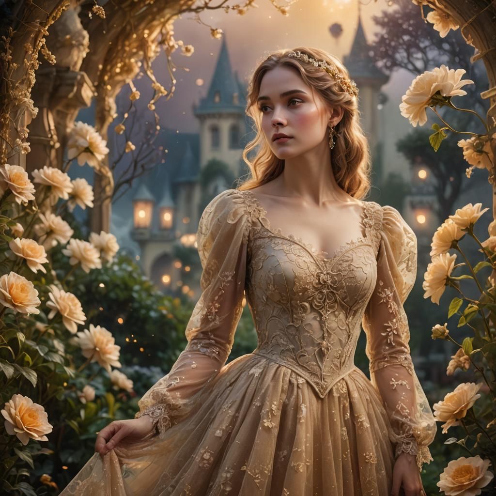 Romantic Woman in Moonlit Garden: Surrealist Illustration