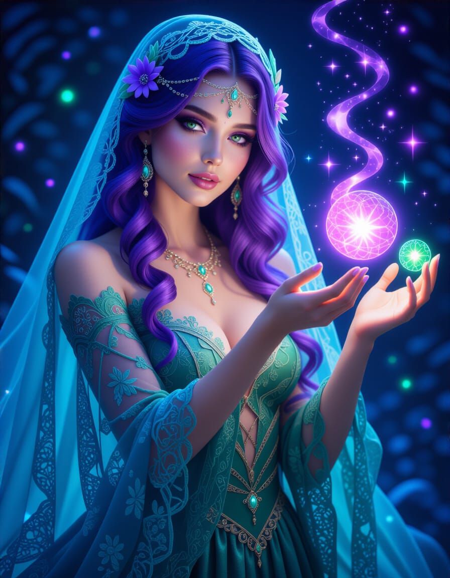 Sorceress Plays with Lights: A Digital Fantasy Illustration