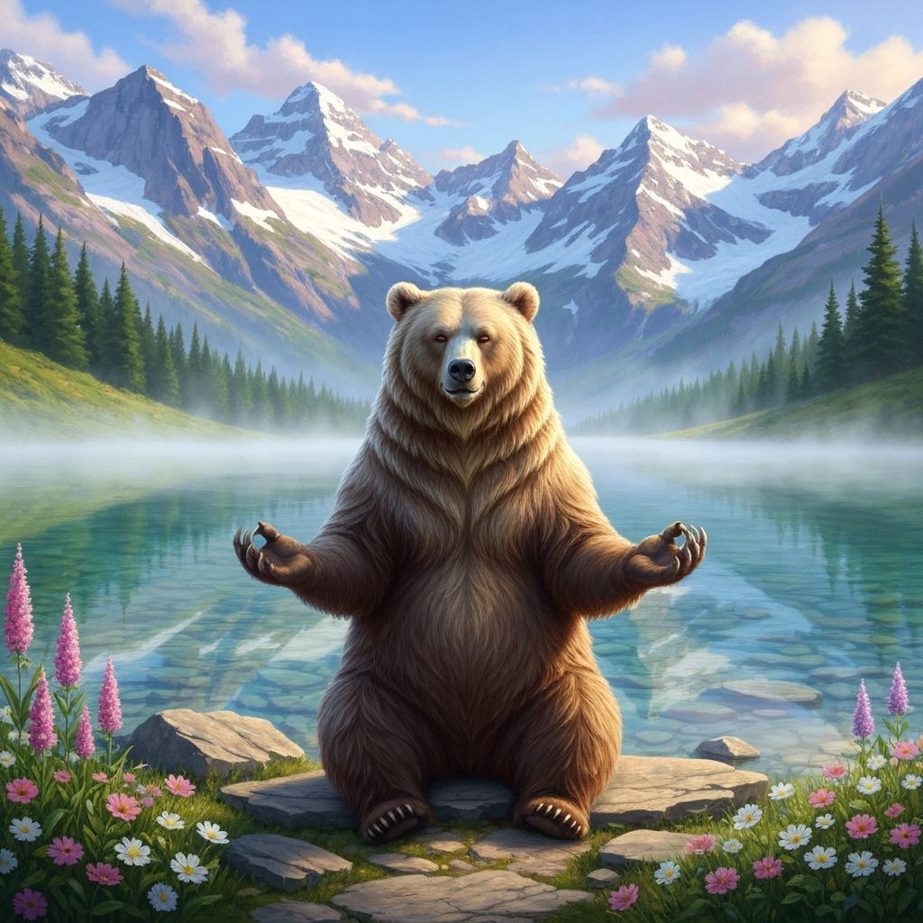 Meditating Bear in Mountain Lake: Digital Painting