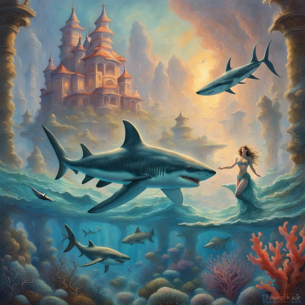 Sea Witch and Sharks in Watercolor Style