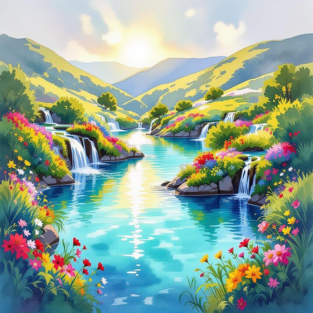 Turquoise Pools Amidst Vibrant Flora and Waterfalls in Water...