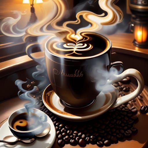 Surrealist Oil Painting of Coffee Radiating Warmth