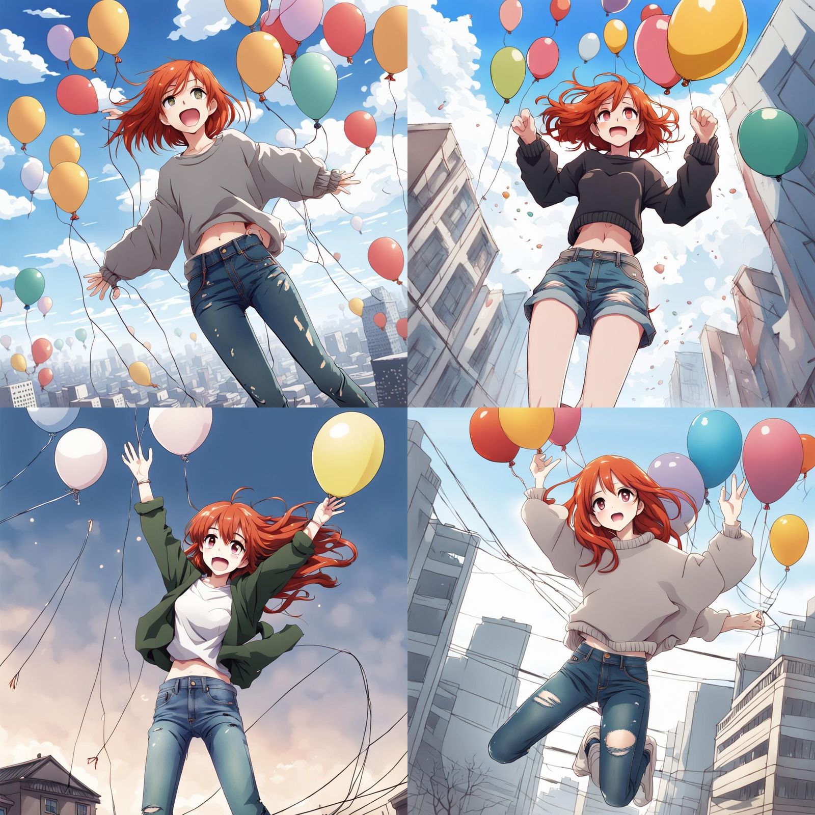 Cartoon Redhead Falling with Balloons in Anime Style