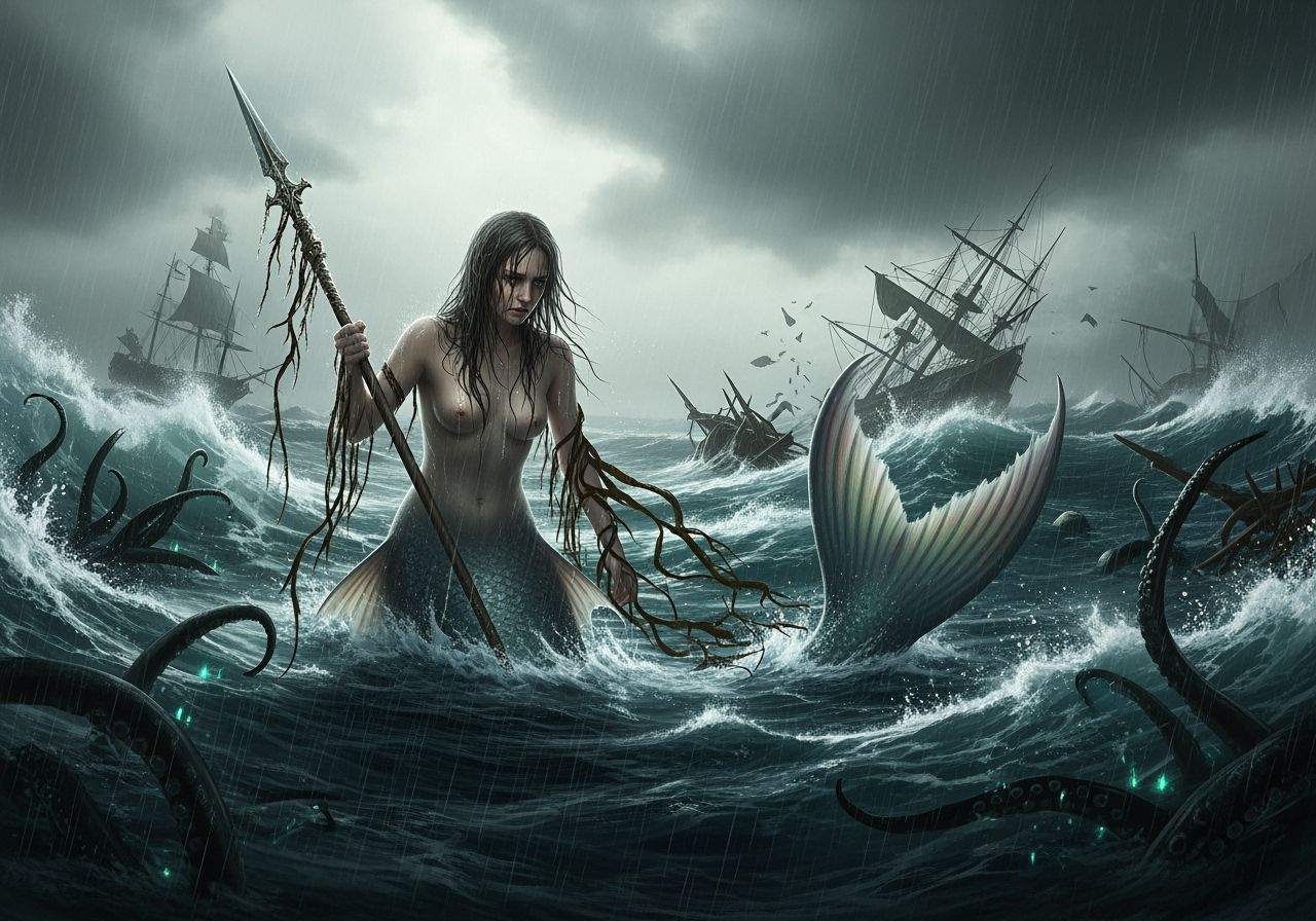 Sinister Mermaid in Raging Sea