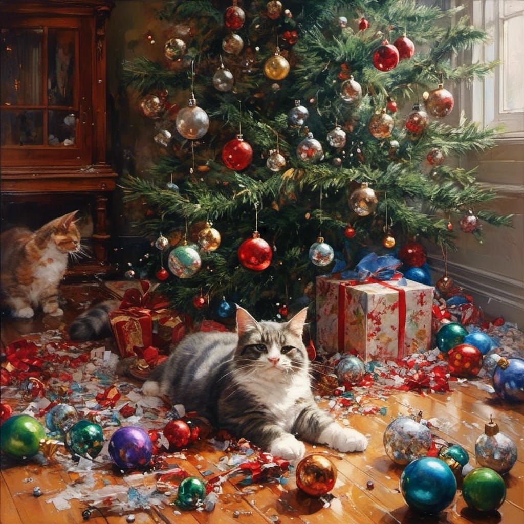 Playful Cats Destroying Christmas Tree: Fantasy Art