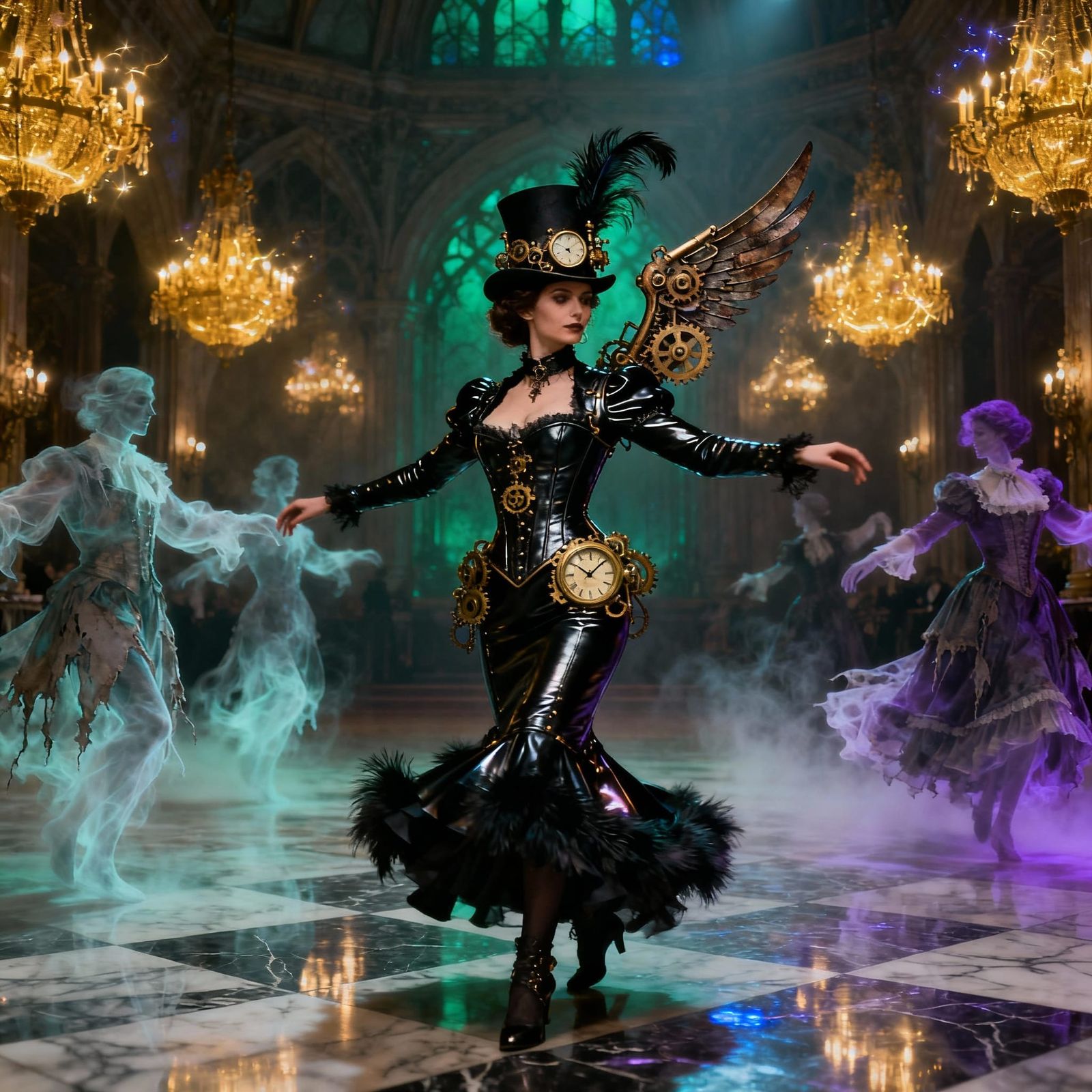 Regal Steampunk Woman Waltzing in Gothic Ballroom