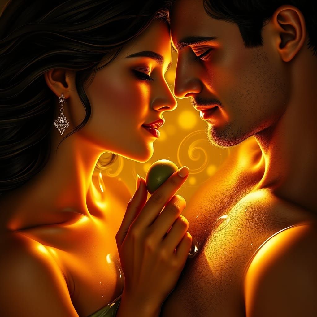 Olive Oil Embrace: Romantic Portrait in Dramatic Lighting