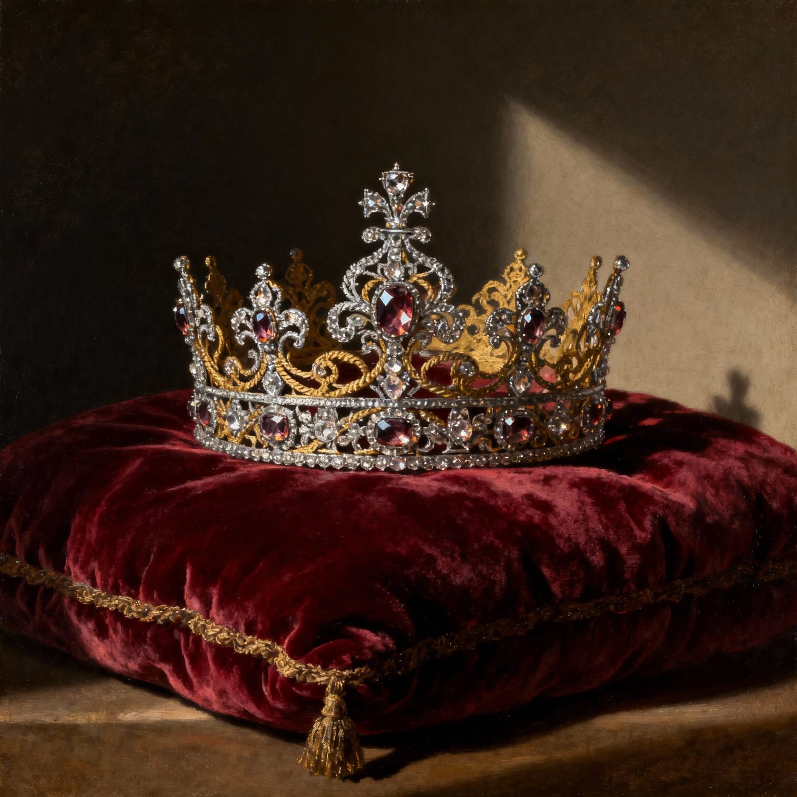Regal Jeweled Crown on Velvet Cushion, Dutch Masters Style