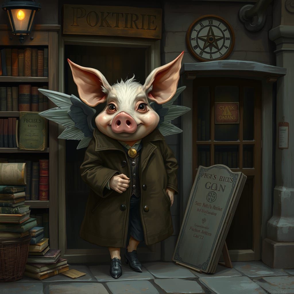 Winged Pig at Bookshop: Dark Fantasy Illustration