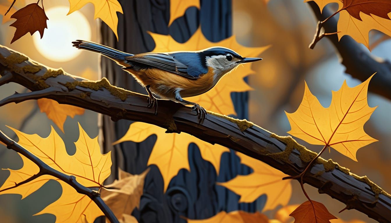 Nuthatch Bird on Autumn Branch in Golden Sunlight