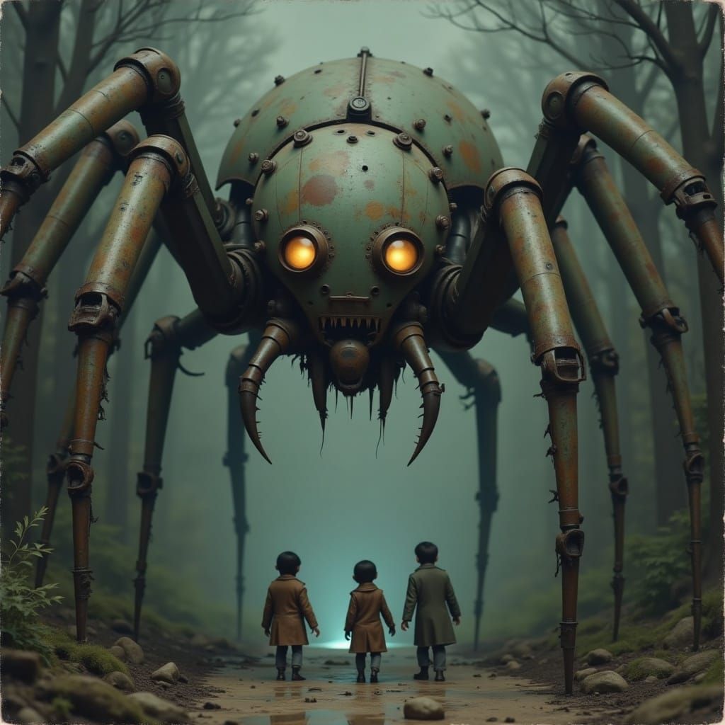 Cyberpunk Robot Spider Emerges from Shadows