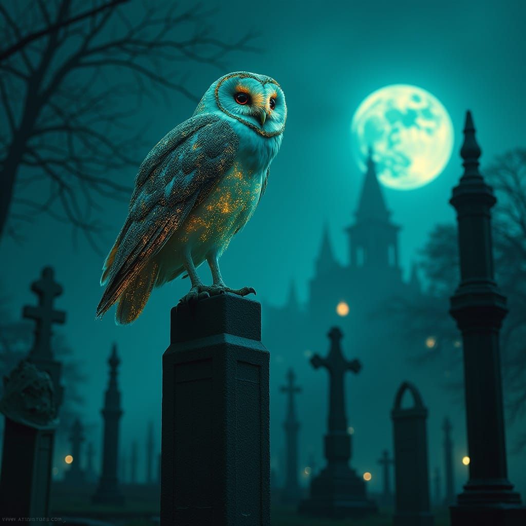 Cyberpunk Barn Owl Cathedral Graveyard