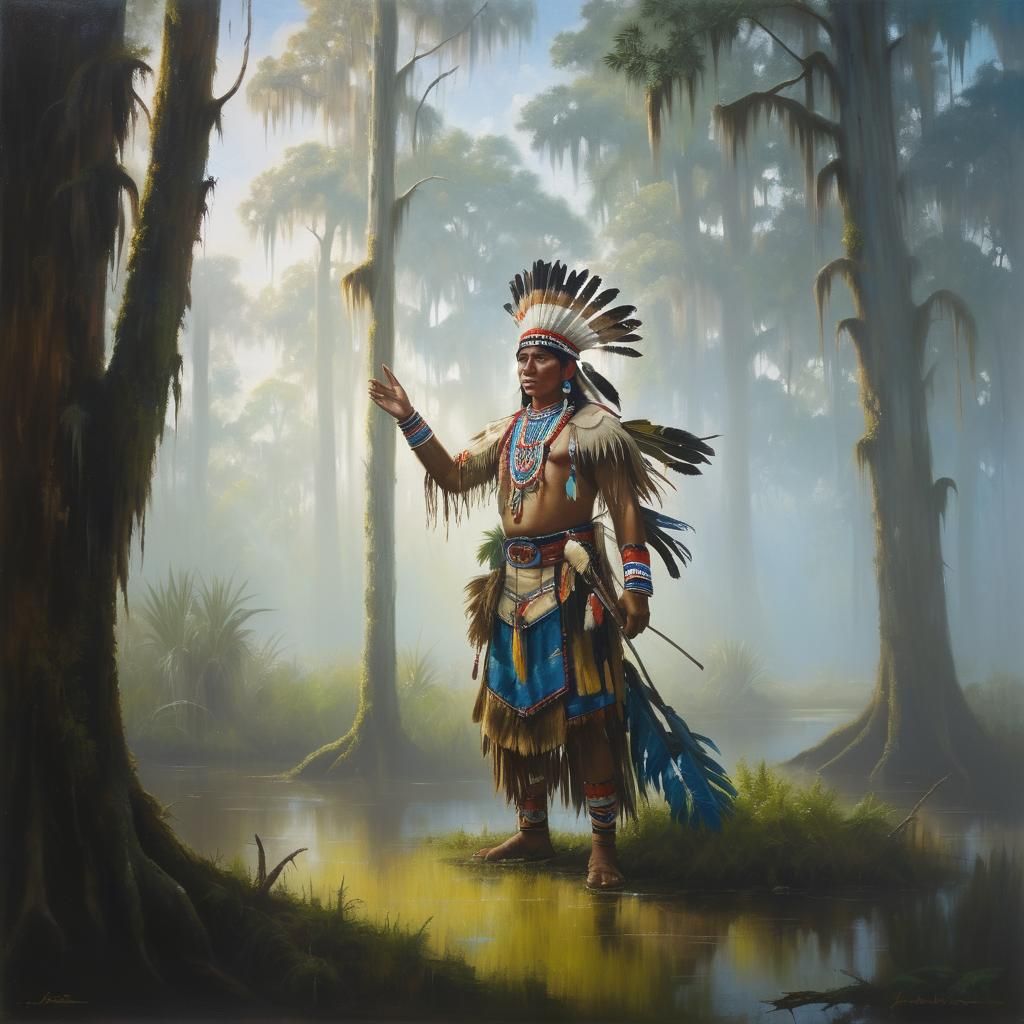 Seminole Indian in Florida Swamp: Oil Painting